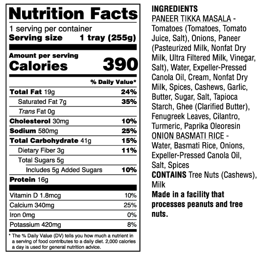 Paneer Tikka Masala Nutrition Facts